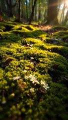 Poster - Forest Floor Tapestry Green Moss With Delicate Wildflowers Springtime Beauty Warm Light Awaits. Nature's Carpet Of Life Small Blooms. Morning Sun Touches Flora.