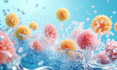 Poster - Colorful microscopic organisms emerging from water splash in vibrant blue background.