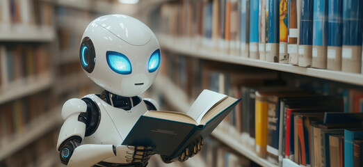 Poster - Robot reading book in library showcasing advanced AI technology and learning capabilities.