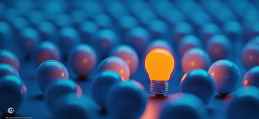 Poster - Unique glowing light bulb among numerous white bulbs in blue background.