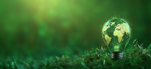 Poster - Green light bulb with glowing world map symbolizing eco-friendly energy and sustainability.
