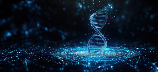Poster - 3D digital representation of DNA double helix with glowing particles and network background.