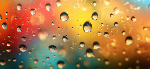 Poster - Close-up of water droplets on glass with colorful blurred background.