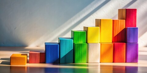 Poster - A Colorful Wooden Block Staircase Illuminated by Sunlight, Creating a Playful and Imaginative Visual Representation of Growth and Success