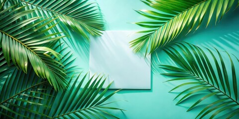 Fototapete - Tropical Palm Leaves on a Mint Green Background with a Blank Square in the Center