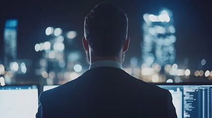 Businessman working late at night city lights background