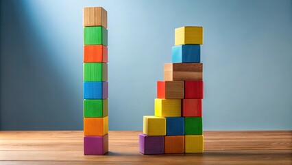 Poster - A simple tower of colorful wooden blocks stands tall, while another forms a more complex structure, showcasing the contrasting approaches to building and achieving goals.