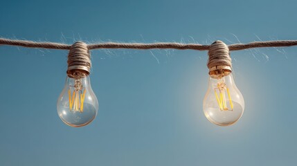 Poster - Two bright light bulbs elegantly hanging from a rope emphasizing the theme of inspiration and creative ideas