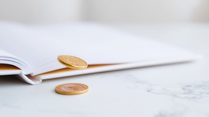 Poster - Open book with a glowing coin symbolizing knowledge and wisdom in a conceptual educational setting