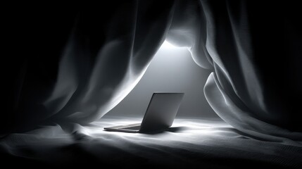 Poster - A laptop resting comfortably on a bed glowing under a soft canopy creating a concept of protected focus and comfort