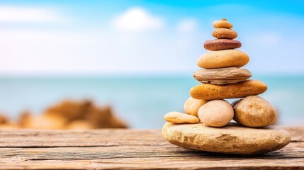 Poster - A thought-provoking stack of rocks forming a pillar on a wooden table symbolizing rested ideas and insights