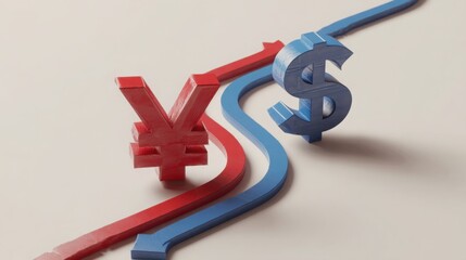Poster - Dynamic representation of a dollar sign accompanied by red and blue arrow illustrating economic trends and directions