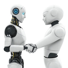 Poster - a robot and a human shaking hands, symbolizing cooperation between humans and ai. isolated on white 