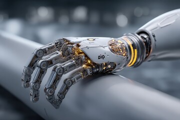 Poster - close-up of a sophisticated robotic arm with intricate mechanical details and warm golden light, hig