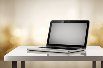 Aufkleber - a modern laptop sits on a sleek white desk, bathed in the warm glow of a blurred background, offerin