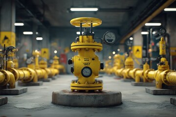 Poster - A detailed view of a yellow industrial pipeline system with valves and pressure gauges, showcasing the infrastructure of a facility, set against a concrete backdrop.