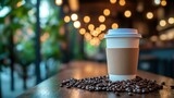 Takeaway coffee cup on wooden table with coffee beans