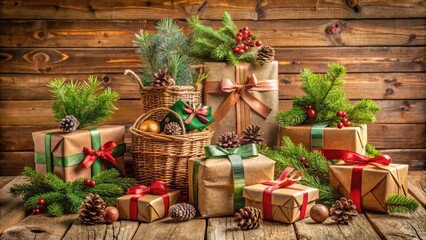 Poster - A rustic Christmas setting with presents adorned in elegant ribbons and bows, surrounded by sprigs of evergreen and pinecones, creating a heartwarming and festive atmosphere.