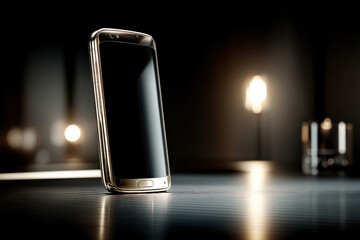 Poster - Elegant smartphone with golden frame standing on a dark table, illuminated by a soft light, creating a sophisticated and modern technological composition.