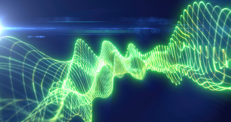 Fototapete - Vivid green illuminated waveforms on a dark background, conveying technology, data, and sound vibrations