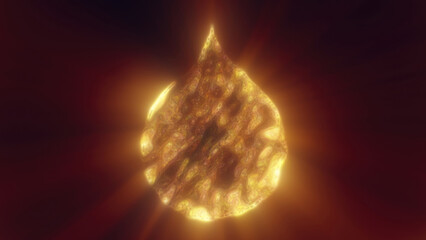Poster - Fiery glowing droplet with swirling golden textures on a dark red background, symbolizing heat, energy, and transformation