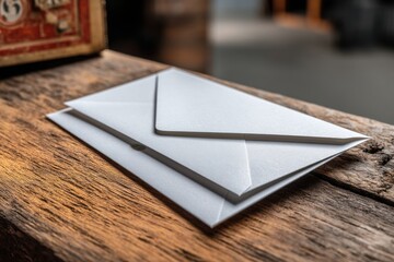 Poster - A minimalist composition featuring two crisp, white envelopes resting on rustic wooden surface, creating a contrast between modern design and natural textures.