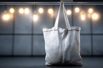 Poster - A blank canvas tote bag hangs elegantly, ready for customization or branding, illuminated by soft, warm lighting against a modern, minimalist backdrop.