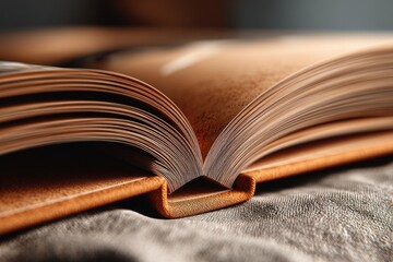Poster - An open book displaying a textured cover and pages on a gray fabric background, providing a sense of literature, knowledge, and classic reading material.