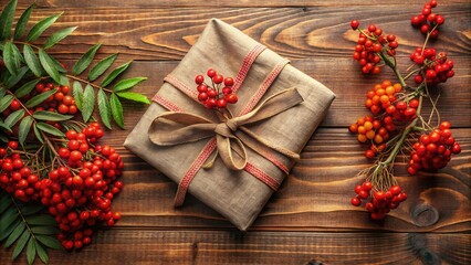 Poster - A beautifully wrapped gift with a rustic brown paper and a red and brown ribbon sits on a wooden surface surrounded by bright red berries and green leaves.