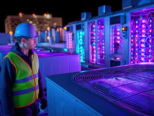 an hvac technician inspecting a rooftop unit