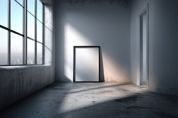 Poster - A modern urban interior with a blank frame, concrete floor and large windows overlooking the cityscape providing a contemporary and minimalist aesthetic with natural light.