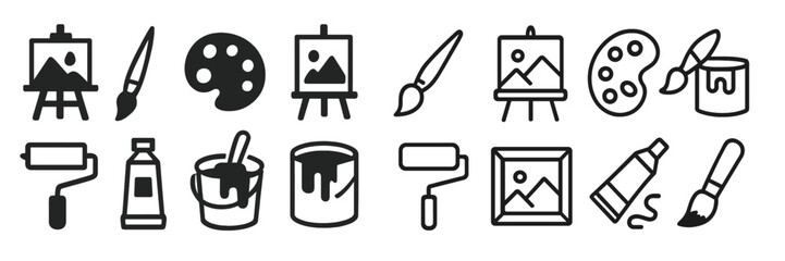 Aufkleber - Collection of web icons showcasing art supplies and tools for creative activities in a minimalist line style design