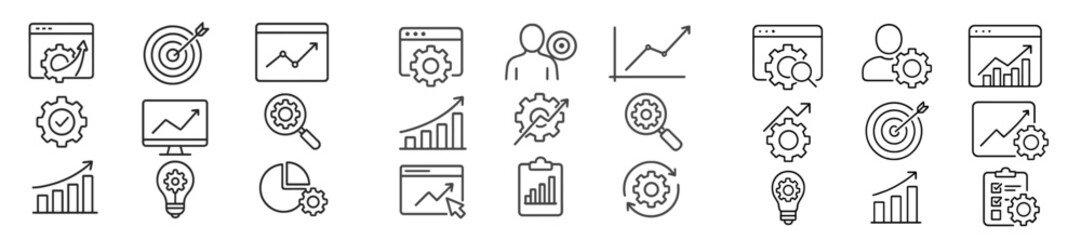 Poster - Set of line style web icons representing various analytics, technology, and business concepts for digital applications