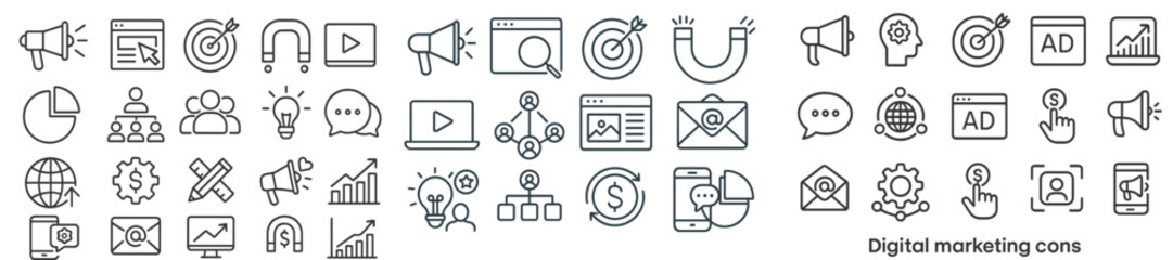 Aufkleber - Collection of line style web icons representing various digital marketing elements and activities for effective online strategies