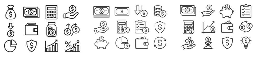 Poster - Collection of web icons featuring financial and business themes designed in a clean line style