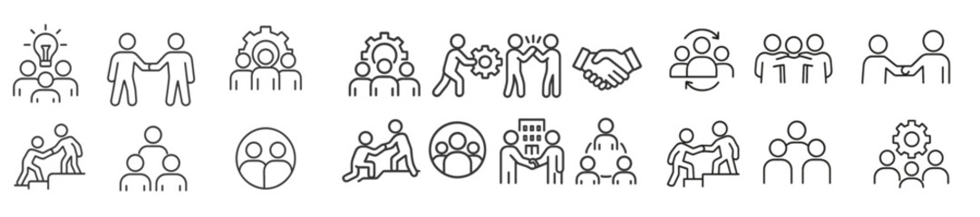 Aufkleber - Line style web icons for various collaborative and business activities showcasing teamwork, engagement, and connection
