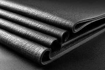 Poster - Close-up shot of stacked black faux leather texture, showing fine details and folds, luxurious and modern design with subtle shadows creating depth.