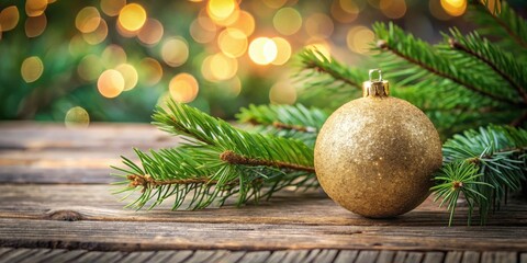 Poster - A golden Christmas ornament resting on a rustic wooden surface, partially obscured by lush evergreen branches, with a bokeh background of warm yellow lights
