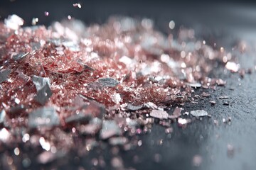 Poster - A mesmerizing close-up shot of scattered rose gold and silver flakes, illuminated by bokeh, creating a dazzling abstract effect, ideal for luxurious backgrounds.
