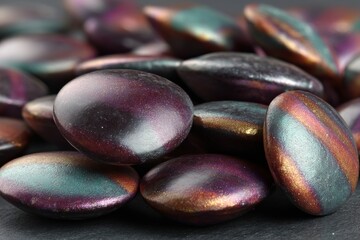 Poster - A close-up of lustrous glass beads in shades of purple, teal, and gold, showing detailed texture and light play, creating a rich, iridescent background perfect for crafts.
