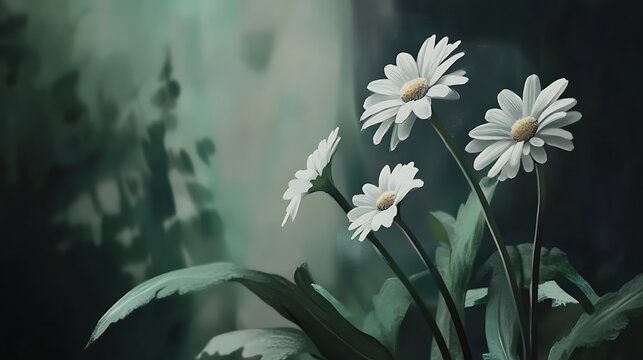 Four delicate white daisies in a dimly lit setting.