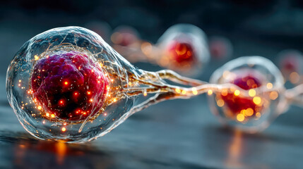 Poster - Glowing red biological cell connected to neural network strands, macro visualization of microscopic anatomy