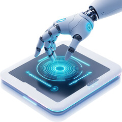 Poster - A robotic hand equipped with sensors touching a holographic interface. isolated on white background