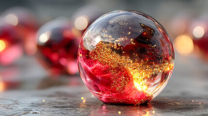 Poster - Glowing molten red energy sphere melting on surface, surrounded by soft reflections and bokeh lights, vibrant abstract energy