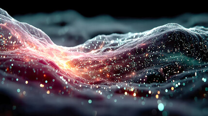 Poster - Abstract glowing wave landscape with sparkling particles, representing futuristic quantum science concepts