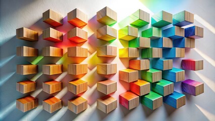 Leinwandbilder - Colorful Wooden Blocks Arranged in a Geometric Pattern with Cast Shadows on a White Wall