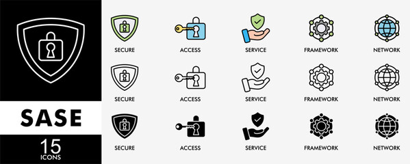Poster - SASE icon set with various styles and colors security, password, network, framework and support