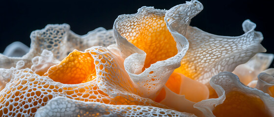 A close-up shot of a vibrant orange and white intricate structure. It resembles delicate lace or a sponge-like formation. It could be used for abstract art.