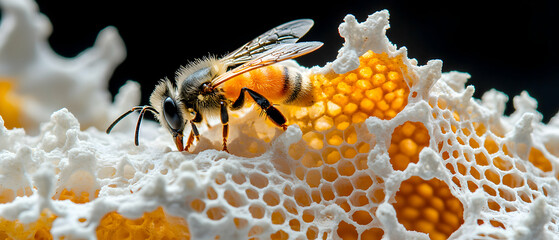 A bee meticulously explores honeycomb a fascinating macro shot revealing intricate details. Use it for educational materials or nature-themed projects.