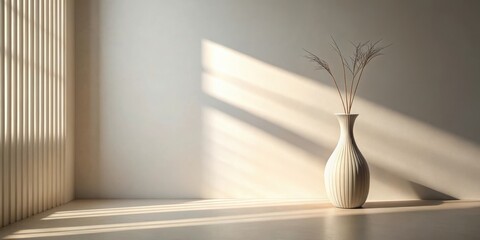Aufkleber - A simple white vase with dried branches sits on a wooden table in front of a white wall with sunlight streaming through the blinds.